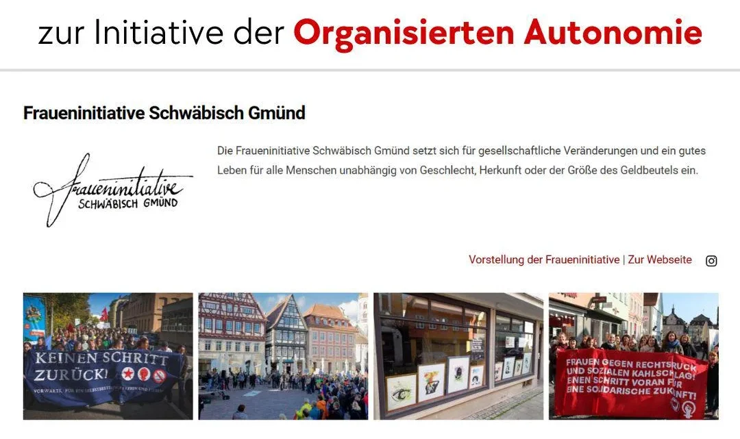 Freudige Bekanntgabe: Die Fraueninitiative Schwäbisch Gmünd wird zur Initiative der Organisierten Autonomie Freudige Bekanntgabe: Die Fraueninitiative Schwäbisch Gmünd wird zur Initiative der Organisierten Autonomie